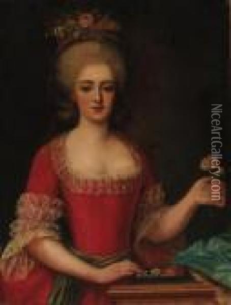 Portrait Of A Lady, Half-length,
 In A Red Dress Trimmed With Lace,a Carnation In Her Left Hand Oil Painting - Antoine Vestier