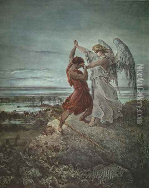 Jacob Wrestling with the Angel 1855 Oil Painting - Gustave Dore