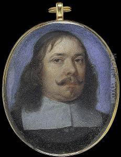 A Gentleman, Wearing Black Doublet And White Lawn Collar, A Black Cap On His Long Dark Hair Oil Painting - Franciszek Smiadecki
