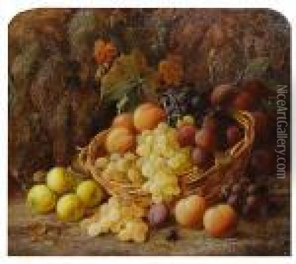 Peaches, Grapes And Plums In A Basket Withapples On A Mossy Bank Oil Painting - Vincent Clare