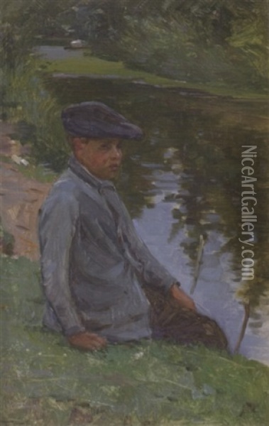 Young Boy On A Riverbank Oil Painting - Frank Townsend Hutchens