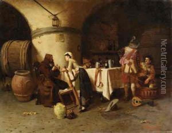 Late Night At The Tavern Oil Painting - Pompeo Massini