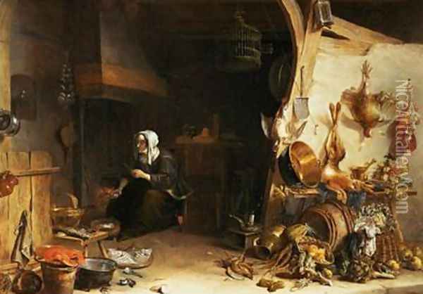 A Kitchen Interior with a Servant Girl Surrounded by Utensils Vegetables and a Lobster on a Plate Oil Painting - Cornelis van Lelienbergh
