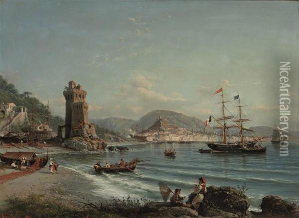 An Italian Brig And A Greek Barque Anchored Off The Neapolitancoast Oil Painting - Giovanni Serritelli