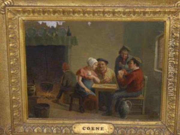 Figures Playing Cards In An Interior, Another Watchinga Cooking Vessel Over A Fire Oil Painting - Constantin Fidele Coene