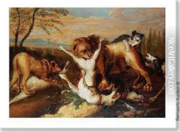 Attribue. Chiens Attaquant Un Lion. Oil Painting - Adriaen Cornelisz. Beeldemaker