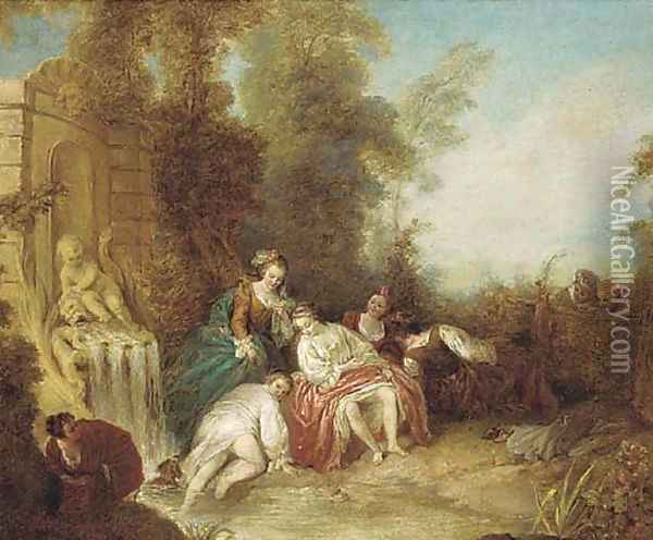 Ladies bathing at a fountain with onlookers by a fence Oil Painting - Jean-Baptiste Joseph Pater