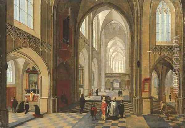 The interior of a cathedral with elegant company, a service in progress in a side chapel Oil Painting - Peeter, the Younger Neeffs