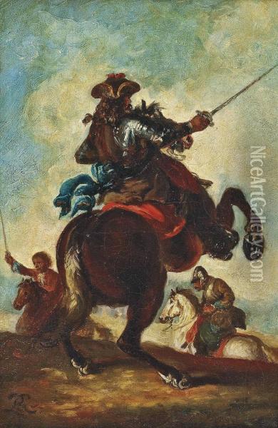 A Battle Scene With A Gentleman In Armour, On Horseback Oil Painting - Francesco Simonini