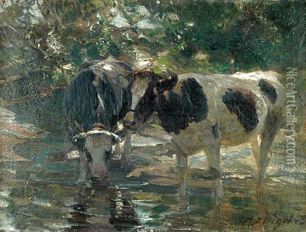 Krowy U Wodopoju Oil Painting - Heinrich Johann Von Zugel