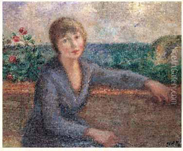 Madame D'espagnat Devant La Mer, Circa 1922 Oil Painting - Georges dEspagnat