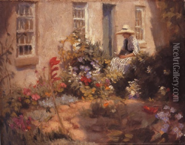 Woman Reading In A Garden Oil Painting - Harold Harvey