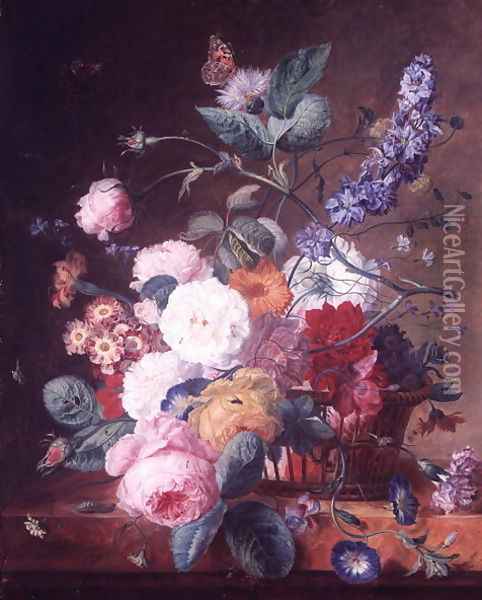 Roses, Dahlia Delphinium and other Flowers in a Basket on a Marble Ledge Oil Painting - Jan Van Huysum