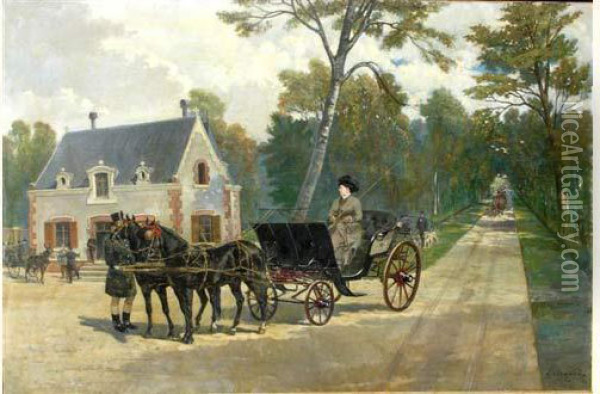 Depart Pour La Chasse Dans Le Parc De La Pierre. Oil Painting - Ernest Alexandre Bodoy