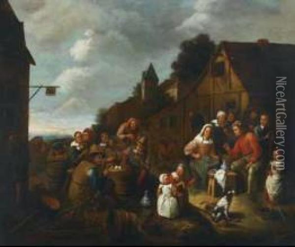Village Peasants Merrymaking Outside An Inn Oil Painting - Gillis van Tilborgh
