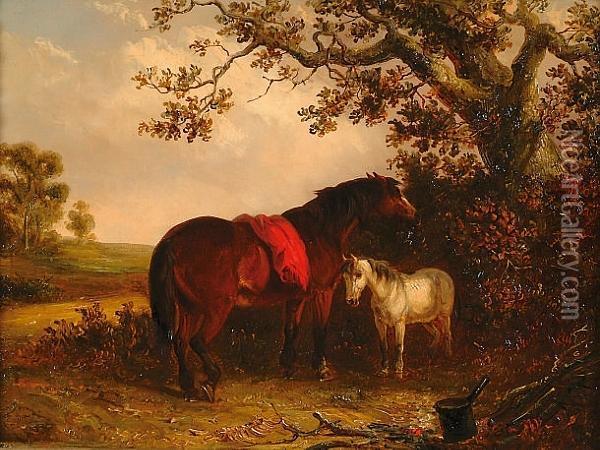 A Mare And Foal Beneath A Tree Oil Painting - Thomas Smythe