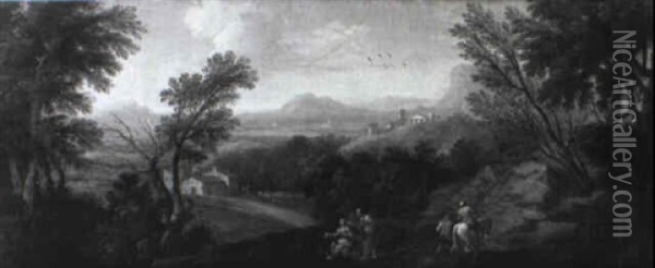 An Extensive Italianate Landscape With Peasants On A Track Oil Painting - Jan Frans van Bloemen
