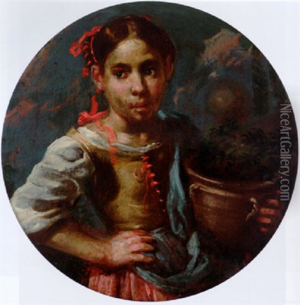 A Allegory Of Summer: A Girl Holding An Earthenware Pot With Flowers Oil Painting - Bernhard Keil