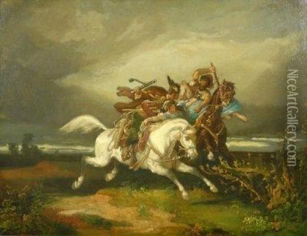 Riders In Battle. Two Riders Fighting Over A Helpless Beauty. Signed Lower Center: Jacobey K Oil Painting - Jacob Karoly