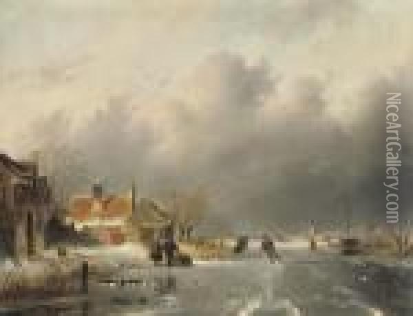 Skaters On The Ice With A Koek-en-zopie Beyond Oil Painting - Charles Henri Leickert