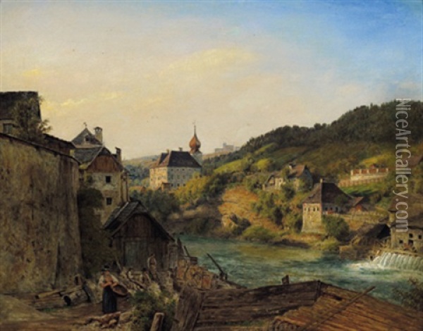 Waidhofen An Der Ybbs, Blick Auf Das Heutige Schloshotel Und Das Ybbsufer Oil Painting - Jacob Alt