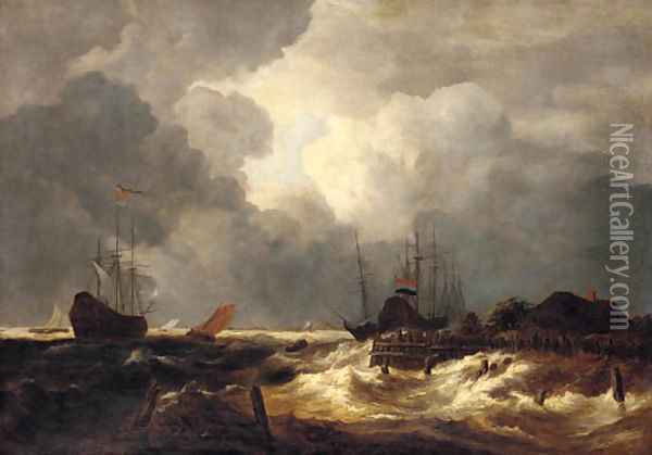 A stormy river estuary with ships Oil Painting - Jacob Van Ruisdael