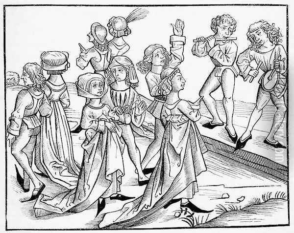 Dancers on Christmas Night punished for their impiety, after a woodcut from Liber Chronicarum Mundi, published Nuremburg, 1493 Oil Painting - Michael Wolgemut