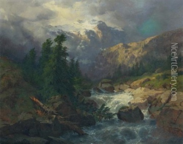 Souvenir De La Handeck, Effet D'orage (souvenir Handeck, Stormy Weather) Oil Painting - Alexandre Calame