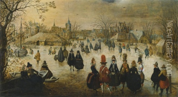 Winter Landscape With Skaters On A Frozen River Outside A Village Oil Painting - Adam van Breen