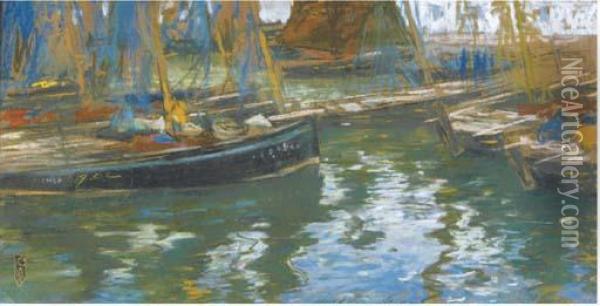 Boats At Rest, November Morning Oil Painting - Charles Henry Fromuth