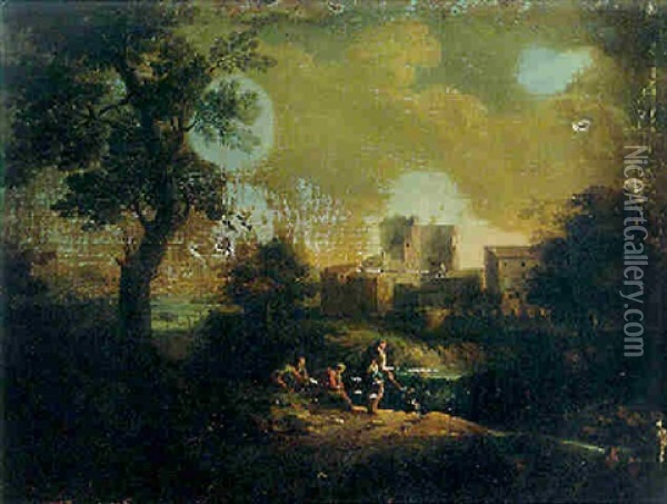 An Italianate Landscape With Travellers On A Path Overlooking A Villa On A River Oil Painting - Jan Frans van Bloemen