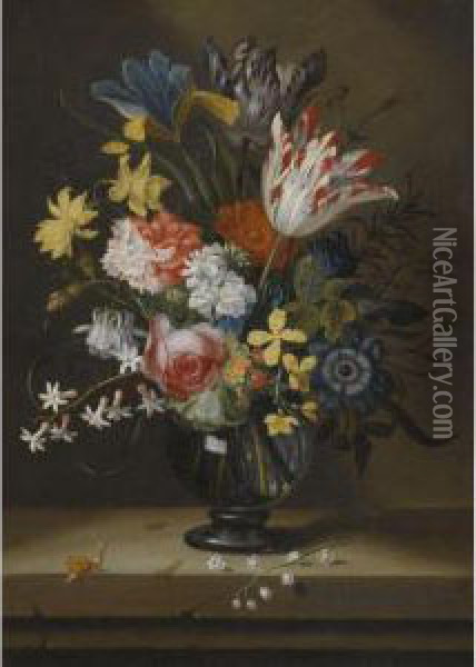 Flowers In A Glass Vase On A Stone Shelf Oil Painting - Jacob Marrel