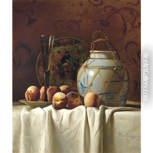 Still Life With Peaches, Champagne Flute And Chinoiserie Oil Painting - Milne Ramsey