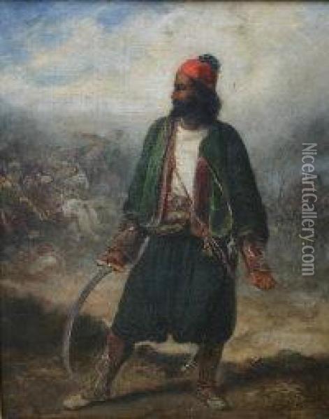 Turkish Swordsman Dressed In Fez
 And Green Jacket, A Curved Sword In His Right Hand, The Battle Raging 
In The Background Behind Him Oil Painting - Eugene Delacroix