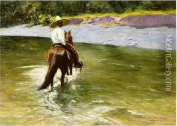 Mexican Horseman Crossing The Ford Oil Painting - Pierra Ribera