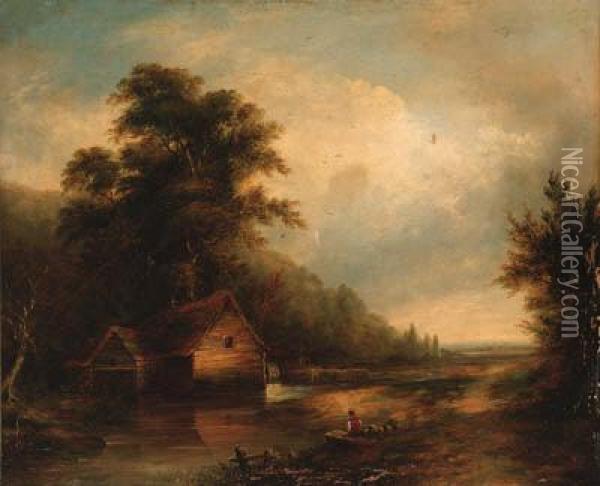 An Angler By A Watermill In A Wooded Landscape Oil Painting - Walter Williams
