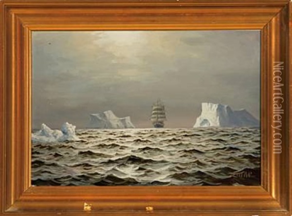 Greenlandic Coastal Scene With The Ship "thorvaldsen" At The Horizon Oil Painting - Emanuel A. Petersen