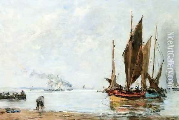 Boats At Anchor along the Shore Oil Painting - Eugene Boudin