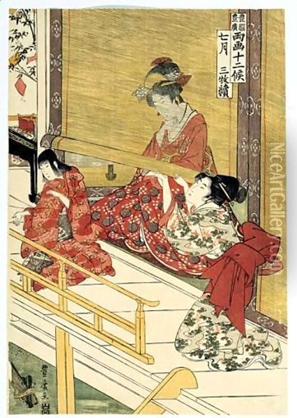 Shichigatsu Sanmai Tsuzuki. Le Septieme Mois, Triptyque Oil Painting - Utagawa Toyohiro