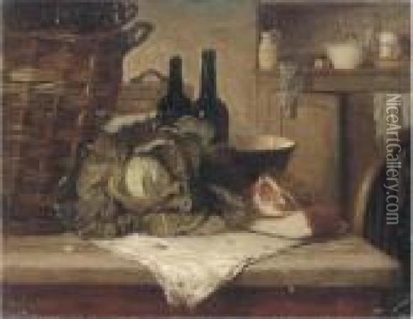 A Cabbage, Joint Of Meat, Bottles And A Wicker Basket On A Kitchentable Oil Painting - Herry Brooker