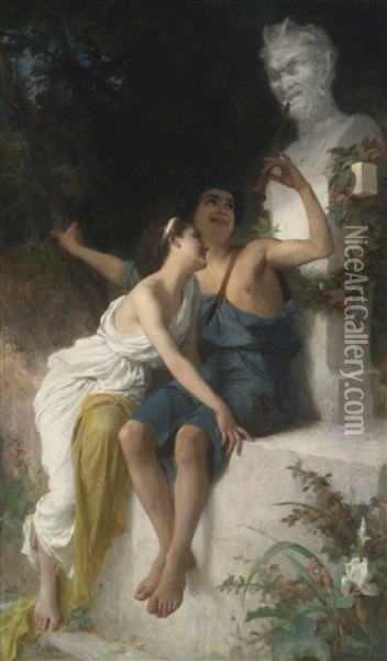 Young Lovers Mocking Pan Oil Painting - Emile Munier