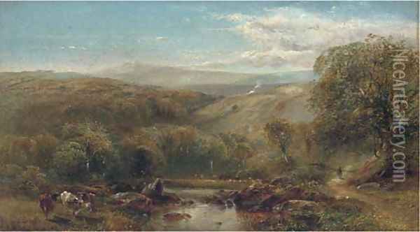 Cattle by a river in an extensive landscape Oil Painting - James B. Goodrich