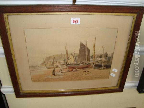 Figures With Beached Fishing Boat And Fishermens Oil Painting - William Edwards Croxford