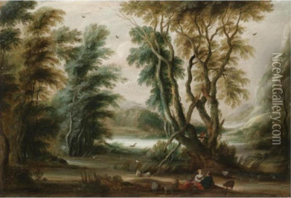A Wooded River Landscape With A Shepherd And Shepherdess Resting Their Flock Oil Painting - Gijsbrecht Leytens