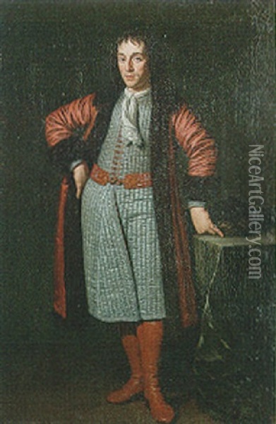 Portrait Of A Gentleman Wearing A Red Fur-lined Coat, A Green Quilted Banyan, A Venetian Cravat, A Turkish Belt And Moroccan Leather Boots Oil Painting - Michiel van Musscher