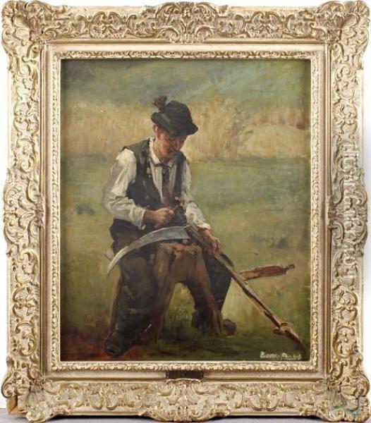 Study Of A Man Repairing A Scythe. Oil Painting - Wilhelm Leibl