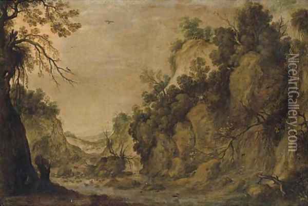 A rocky landscape with a waterfall and two figures by a river Oil Painting - Tobias van Haecht (see Verhaecht)