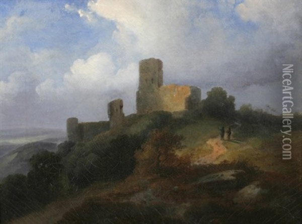 Landschaft Mit Burgruine Und Zwei Wanderern Oil Painting - Carl Irmer