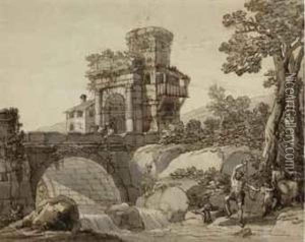 A Landscape With A Bridge And Classical Ruins In The Distance, Afamily Fishing By A Stream In The Foreground Oil Painting - Antonio Zucchi