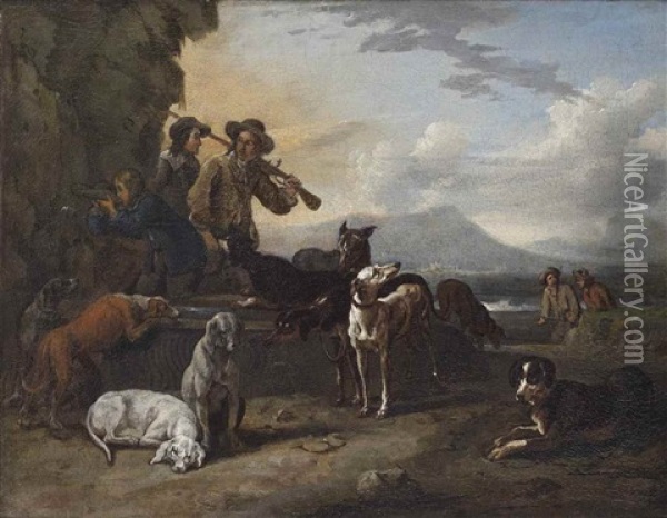 A Hunting Party With Dogs Resting By A Well In A Landscape Oil Painting - Abraham Danielsz Hondius